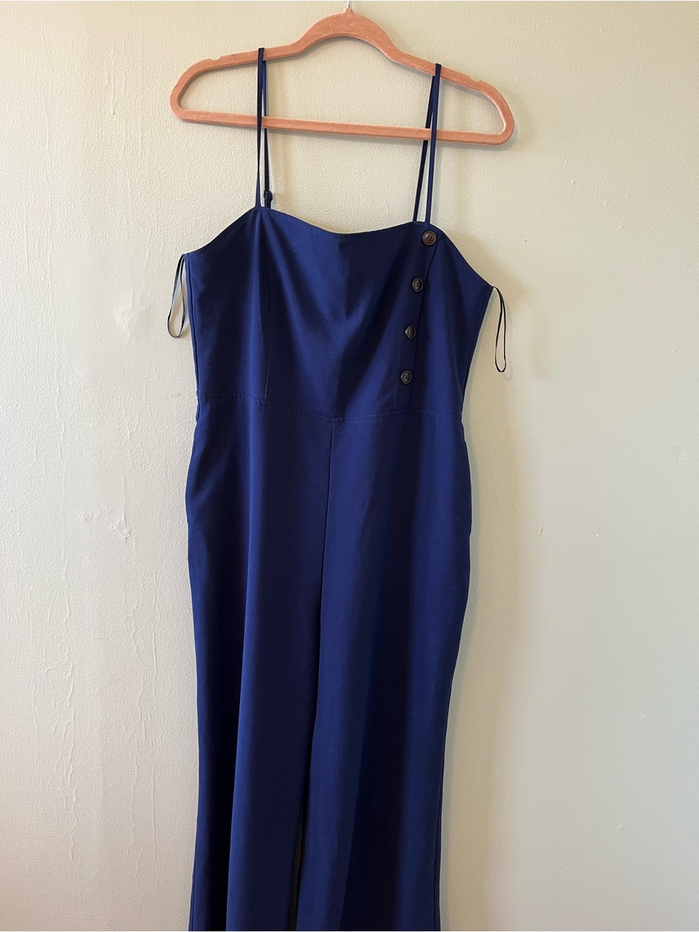Cozy Casual Navy Blue Spaghetti Strap Jumpsuit with Side Buttons Effortless